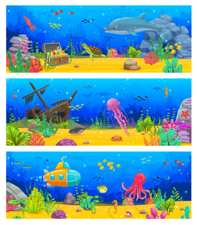 Arcade game level, cartoon underwater landscape vector backgrounds with fish shoals and marine animals. Submarine, sunken ship and pirate treasure chest on tropical ocean coral reef bottomのイラスト素材