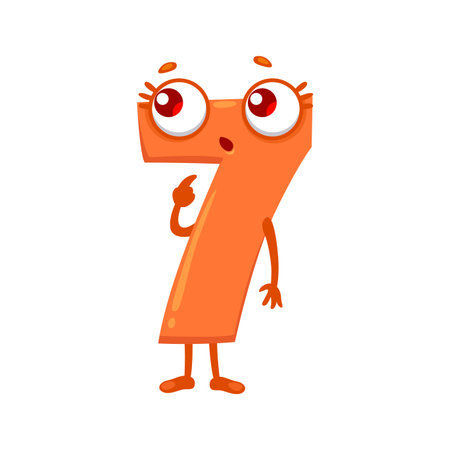 Cartoon funny math number seven character. Cute arithmetic numeric symbol, school math funny 7 number isolated vector personage. Mathematics, kids education adorable font digit amazed characterのイラスト素材