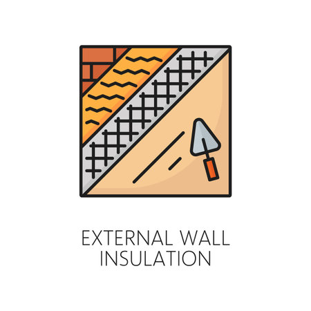 External wall thermal insulation icon. Home facade energy save technology and heat protection material, house building thermal isolation system linear vector icon with brick wall, mesh and trowelのイラスト素材