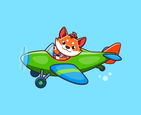 Cartoon fox animal character on plane. Adorable animal child flying on vintage aircraft, funny pilot kid sitting in propeller plane isolated vector personage. Cute fox baby traveling on old airplaneのイラスト素材