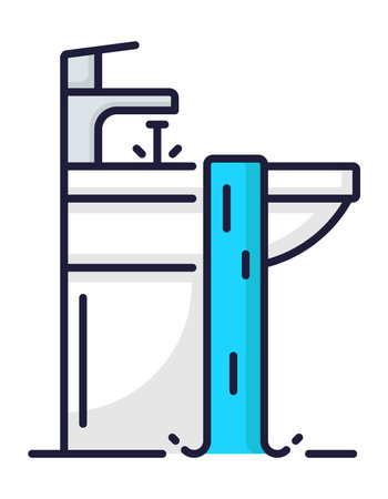 Color plumbing service icon, sink faucet repair from leakage in bathroom or toilet, vector outline sign. Plumber service icon for home water pipe plumbing, house bath sink fix and sewerage maintenanceのイラスト素材