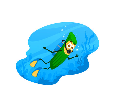 Cartoon scuba diver pasta character on summer beach vacation. Cute italian penne macaroni vector personage diving into sea water with diving suit, mask and flippers on underwater landscape backgroundのイラスト素材