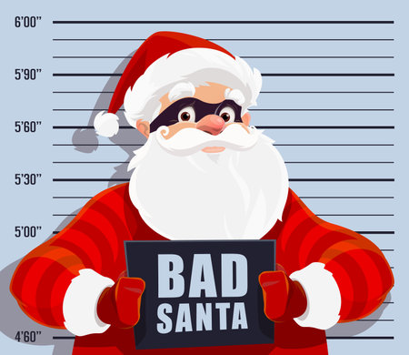 Christmas bad Santa criminal with mugshot. Cartoon vector disheveled and defiant Noel personage in black mask, captured in police department, embodying mischief and rebellion during the holiday seasonのイラスト素材