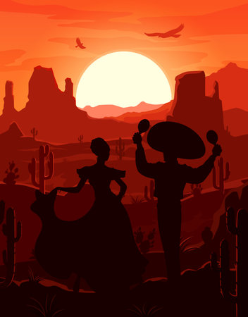 Mexican desert sunset landscape with silhouettes of cowboy and dancing woman, vector background. Mexico desert landscape with mariachi man in sombrero with maracas and woman in national Mexican dressのイラスト素材
