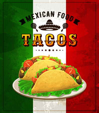 Mexican cuisine tacos. Vector banner with tex mex meal on national grungy flag. Savor the flavor, indulge mouthwatering fiesta with delectable snack. Taste, sizzle, and spice for taco lovers paradiseのイラスト素材