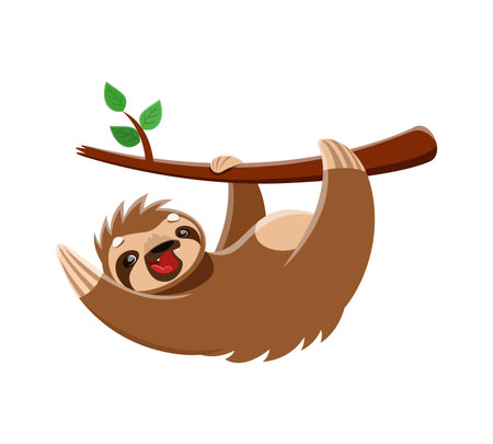 Cartoon sloth character, cheerful tropical animal with a big grin, lazy yet lovable, contently hanging from tree branch, radiating positivity and charm. Isolated vector personage for kids book or gameのイラスト素材