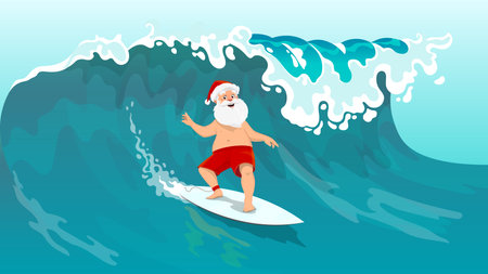 Santa surfer character. Cartoon Santa Claus surfing on board on big sea wave. Vector summer scene with Noel personage in red hat and shorts, balancing on a surfboard with holiday spirit in vast oceanのイラスト素材