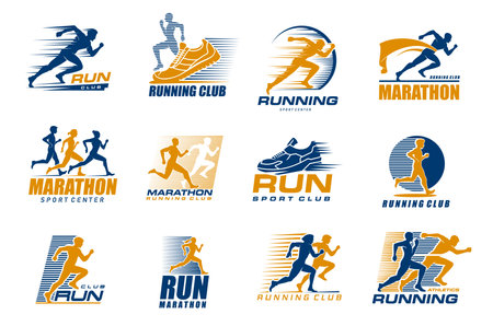 Marathon run sport icons with runner men and women, athletic shoes and finish ribbon vector silhouettes. Running people isolated symbols set for marathon and run sport club, foot race competitionのイラスト素材