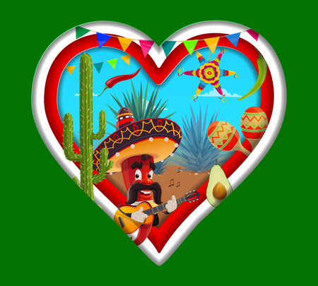 Heart shape with Mexican flag colours, paper cut vector banner with chili pepper, pinata, cactus and maracas. Independence day of Mexico, holiday fiesta with mariachi pepper in sombrero with guitarのイラスト素材