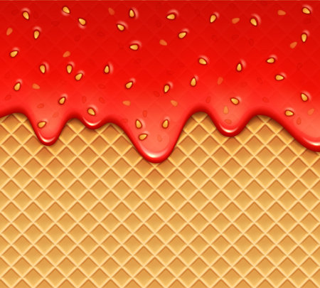 Realistic melt strawberry jam on wafer background of berry syrup splash, vector texture. Strawberry melt or red jelly sweet sauce flow on waffle pattern, candy and wafer dessert with berry jam flowingのイラスト素材
