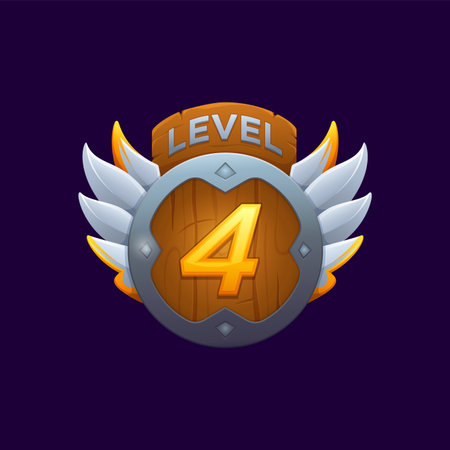 Game level badge, cartoon vector reward icon featuring round wooden shield, steel outspread wings and glowing number four. Isolated app ui element. Successful fourth level prize button, winner awardのイラスト素材
