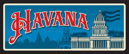 Havana city and capital of Republic of Cuba. Vector travel plate, vintage tin sign, retro welcoming postcard design. Souvenir tourist card with Cuban Capitol building and flag silhouetteのイラスト素材