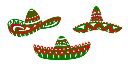 Mexican sombrero hats with Latin ethnic ornament for holiday fiesta, vector icons. Mexican culture, tradition and art symbols of sombrero hats for Latin fiesta party carnival or holiday festivalのイラスト素材