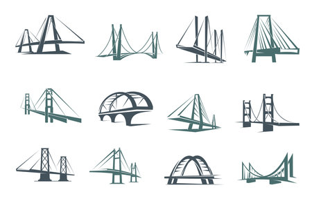 Bridge icons, construction, building and architecture vector symbols. Business and technology company signs of bridge or road gate towers with arches, connection, transportationiconsのイラスト素材