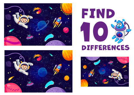 Find ten differences at space galaxy landscape with astronaut and cartoon planets. Matching game vector worksheet with alien and human kids astronaut cute characters, rocket flying in outer spaceのイラスト素材