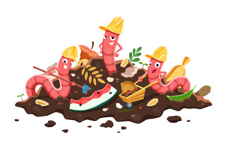 Cartoon earth worm builder characters in compost or soil humus of compostable bio wastes, vector poster. Earthworm in builder hats cleaning organic garbage for farm garden vermicomposting soilのイラスト素材