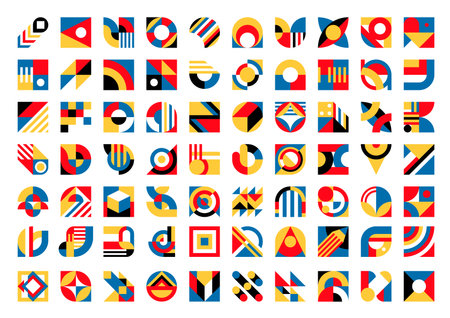 Bauhaus elements of abstract geometric pattern with vector circle, square and triangle, arch and wave shapes. Modern color blocks of abstract collages with minimal shapes, figures and formsのイラスト素材