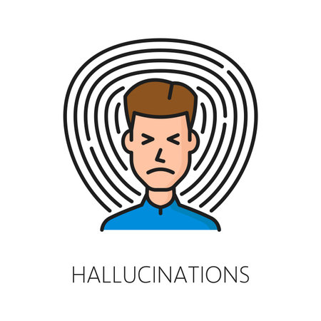 Hallucinations psychological disorder problem, mental health isolated vector linear icon represents person with altered perceptions, portrayed with distorted images or surreal elementsのイラスト素材