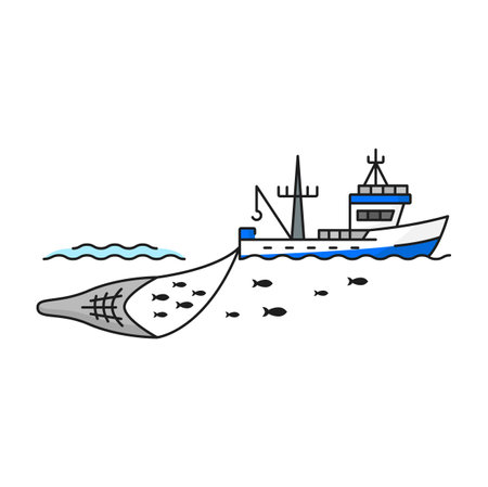 Fishing industry boat catching fish line icon. Seafood production or aquaculture technology thin line vector icon. Offshore fishing equipment, trawler boat catching fish shoal in net outline pictogramのイラスト素材