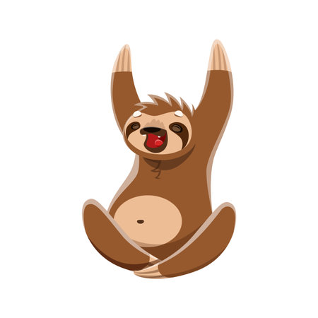 Cartoon sloth character with a big smile, waving its arms in a friendly greeting. Adorable and playful isolated vector jungle animal personage rejoice and having fun, expressing positive emotionsのイラスト素材
