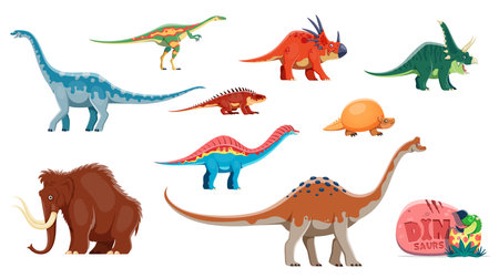 Cartoon dinosaurs funny characters. Jurassic era animal, extinct reptile, Euhelopus, Styracosaurus, Chasmosaurus and Elaphrosaurus, Shansisuchus, Glyptodon dinosaur isolated vector cheerful personagesのイラスト素材