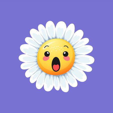 Cartoon chamomile or daisy flower character with funny face or camomile smile, vector icon. Chamomile emoji emoticon of crying baby or yelling daisy, camomile floral face with tongue and petalsのイラスト素材