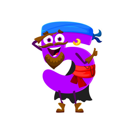 Cartoon funny number five pirate and corsair character. Isolated vector arithmetic educational digit 5 personage with adorable buccaneer appearance, featuring a cheerful face, and vibrant purple colorのイラスト素材