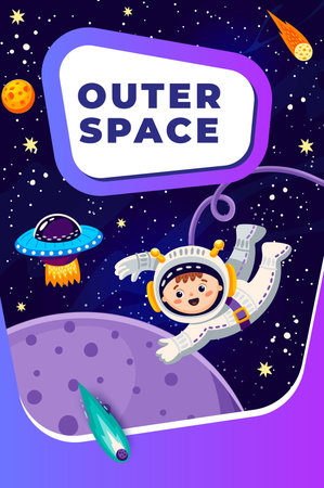 Cartoon outer space landscape, kid astronaut with UFO, comets and galaxy planets, vector poster. Kid spaceman in spaceflight to stars, galactic planets with asteroids and comets in sky backgroundのイラスト素材