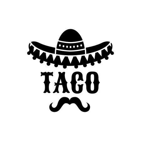 Mexican sombrero and taco with mustaches, vector icon for Tex Mex cuisine and food bar. Mexican taco sandwich sign for fast food restaurant menu, sombrero silhouette with ethnic Latin ornamentのイラスト素材
