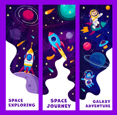 Cartoon space banners. Funny astronaut and alien, rocket and space galaxy landscape. Vector fantasy universe background, planets, spaceships and comets, cute kid spaceman and martian charactersのイラスト素材