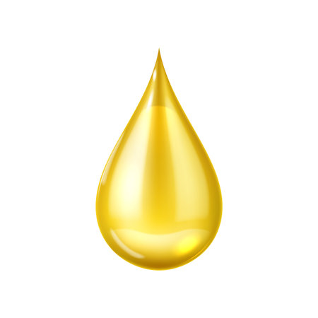 Realistic olive oil drop. Gasoline fuel falling drop, natural essence isolated 3d drip. Transparent honey or syrup realistic vector droplet, skin or hair care cosmetics serum falling dropのイラスト素材