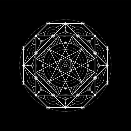 Sacred geometry, meditation esoteric tattoo. Alchemy spiritual pentagram. Yoga, spirituality mystic icon, mason occult mystery outline vector line pattern or illuminati geometric ornament signのイラスト素材