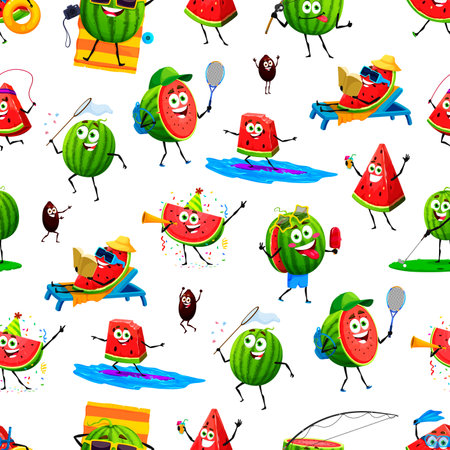 Cartoon watermelon characters seamless pattern. Wrapping paper pattern, wallpaper vector seamless background or textile print with surfing, sunbathing and playing tennis cheerful watermelon personagesのイラスト素材