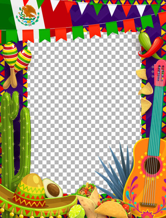 Mexican holiday frame with sombrero, guitar, maracas and Mexico flag, vector background. Mexican holiday fiesta border frame with cactus, burrito and taco, avocado, lime and blue agave with flagsのイラスト素材