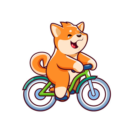 Cartoon kawaii cute pet shiba inu dog and puppy character riding a bicycle. Isolated vector amusing japanese pup personage balancing the bike joyfully as it pedals its way through the streetsのイラスト素材