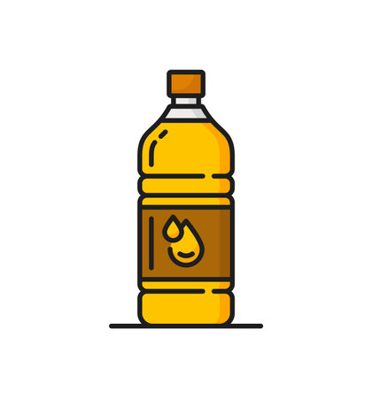 Rapeseed, canola oil icon, features a slender, yellow plastic bottle with a drop label, showcasing golden liquid, representing its use in cooking and food preparation. Isolated vector thin line signのイラスト素材