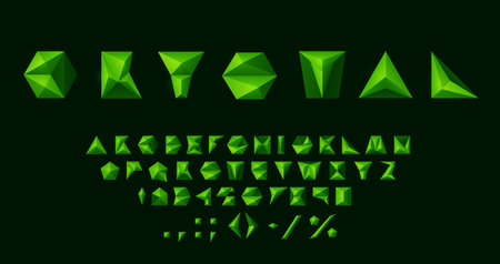 Emerald crystal font, 3D low poly type and green typeface, vector geometric shape English alphabet. Text alphabet of emerald diamond or green gem letters, ABC typography or jewel stone low poly fontのイラスト素材