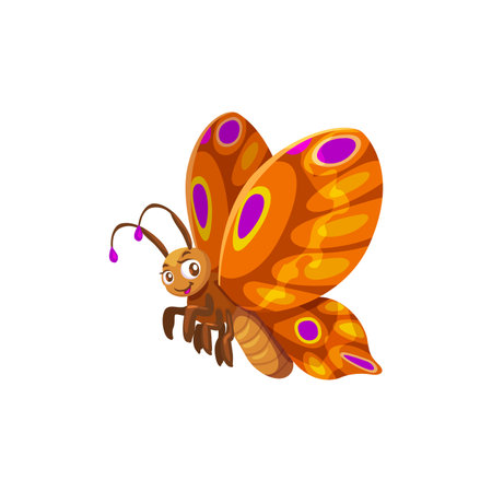 Cartoon butterfly character, isolated vector cheerful, fluttering garden or wild insect personage with vibrant, multicolored wings and smile, spreading joy and positivity with its graceful danceのイラスト素材