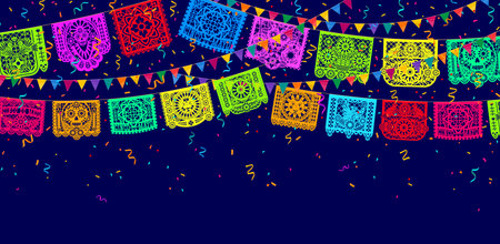 Mexican papel picado paper cut flags and banners for holiday fiesta decorations, vector background. Papel picado flags garland with paper cut skull and flowers ornament with confetti for Mexican partyのイラスト素材