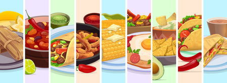 Mexican cuisine food collage of Tex Mex meals and dishes, vector background. Mexico cuisine burrito, taco and quesadilla with tamale and nachos chips or avocado guacamole for kitchen collageのイラスト素材