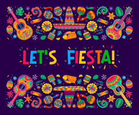 Mexican fiesta party banner with sombrero, maracas and guitars, vector tropical flowers ornament. Mexican holiday party poster with colorful pattern of Mexican burrito, tequila or pinata and flowersのイラスト素材