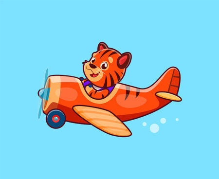 Cartoon tiger animal character on plane. Funny pilot kid flying on propeller airplane, cute tiger child traveling on vintage plane isolated vector personage. Adorable animal baby in old aircraftのイラスト素材