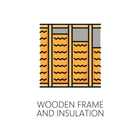Wooden frame and wall thermal insulation icon. Home facade thermal isolation material, building wall energy save technology and heat protection system line vector symbol or sign with wooden frameのイラスト素材