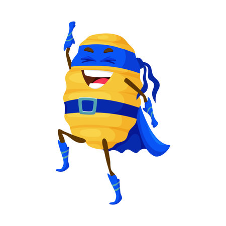 Cartoon gnocchi italian pasta food superhero character. Isolated vector quirky, noodle-themed hero with pasta-themed super powers, fighting against hunger and saving the world with a sprinkle of charmのイラスト素材