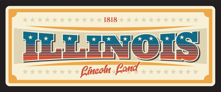Illinois United States retro travel plate, antique signboard with typography plaque of Springfield. Vector Lincoln land vintage vector banner, signs for tourist destination, tin numberのイラスト素材