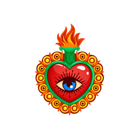 Mexican sacred heart with eye and burning flames, tattoo or religion vector symbol. Sacred heart or Corazon Milagro symbol of Jesus love and God divine miracle in Mexican Catholic religionのイラスト素材