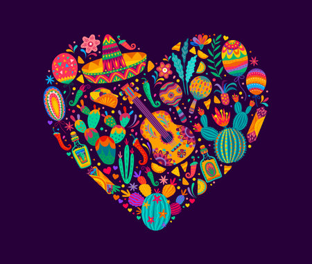 Love Mexico heart shape. Mexican holiday party print or vector background with guitar, sombrero hat, cactus flowers and tequila drink bottle, chili and jalapeno peppers, taco, burrito Mexico foodのイラスト素材