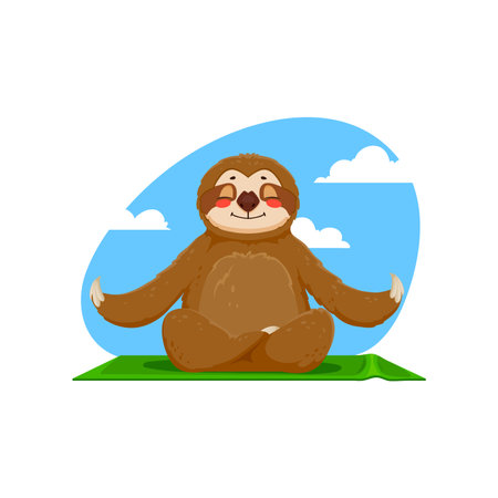 Cartoon funny sloth character meditate in yoga asana. Isolated vector cute comical animal personage blissfully serene in lotus pose. With a tranquil smile, it embodies the art of slow, zen meditationのイラスト素材