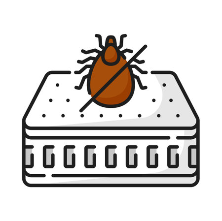 Bed orthopedic memory mattress with crossed sign of mite bug, parasite disinfection sign. Vector allergy on pest, protection from mitesのイラスト素材
