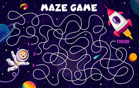 Labyrinth maze game. Help to find a rocket spaceship. Path find kids quiz, way find maze vector worksheet with kid astronaut character, rocket spaceship and comet, space planets in starry galaxyのイラスト素材